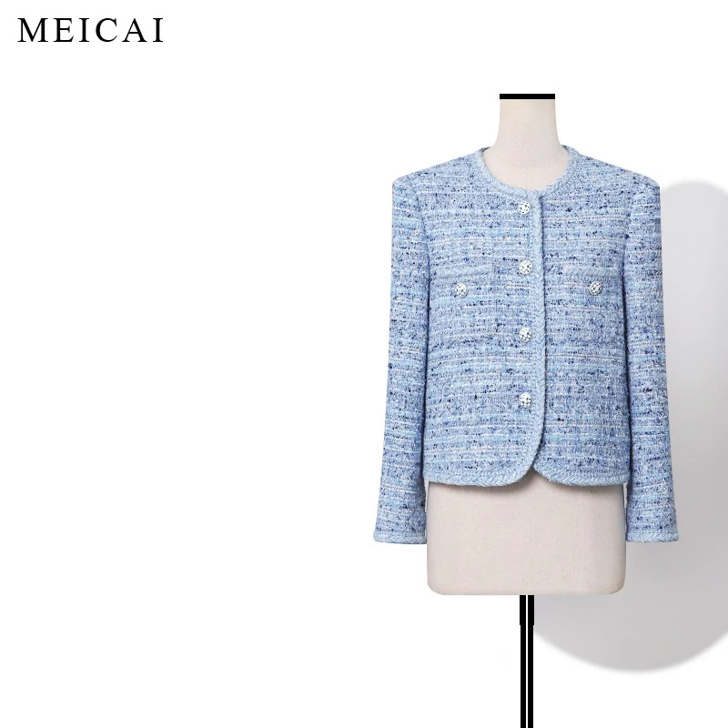 美裁 麻花辫小香 时尚冰川色系粗花呢棋盘格纹短外套女