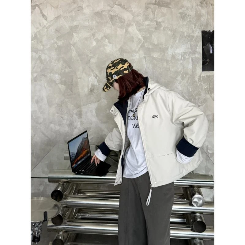 韩系~韩版banai新款秋冬连帽拼接宽松百搭休闲棉服25252