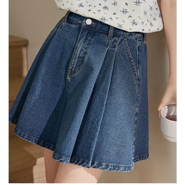 阔色复古高腰百褶牛仔半身裙裤2025春夏新款女蓝色字短白色连衣裙