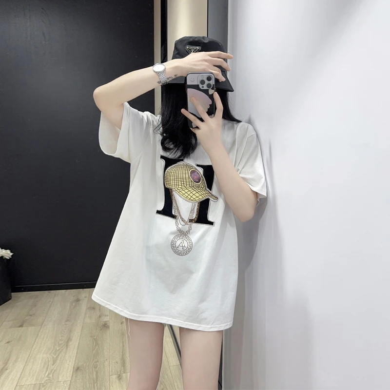 短袖女款流行时尚潮牌女装洋气时髦气质圆领重工烫钻百搭白色t恤