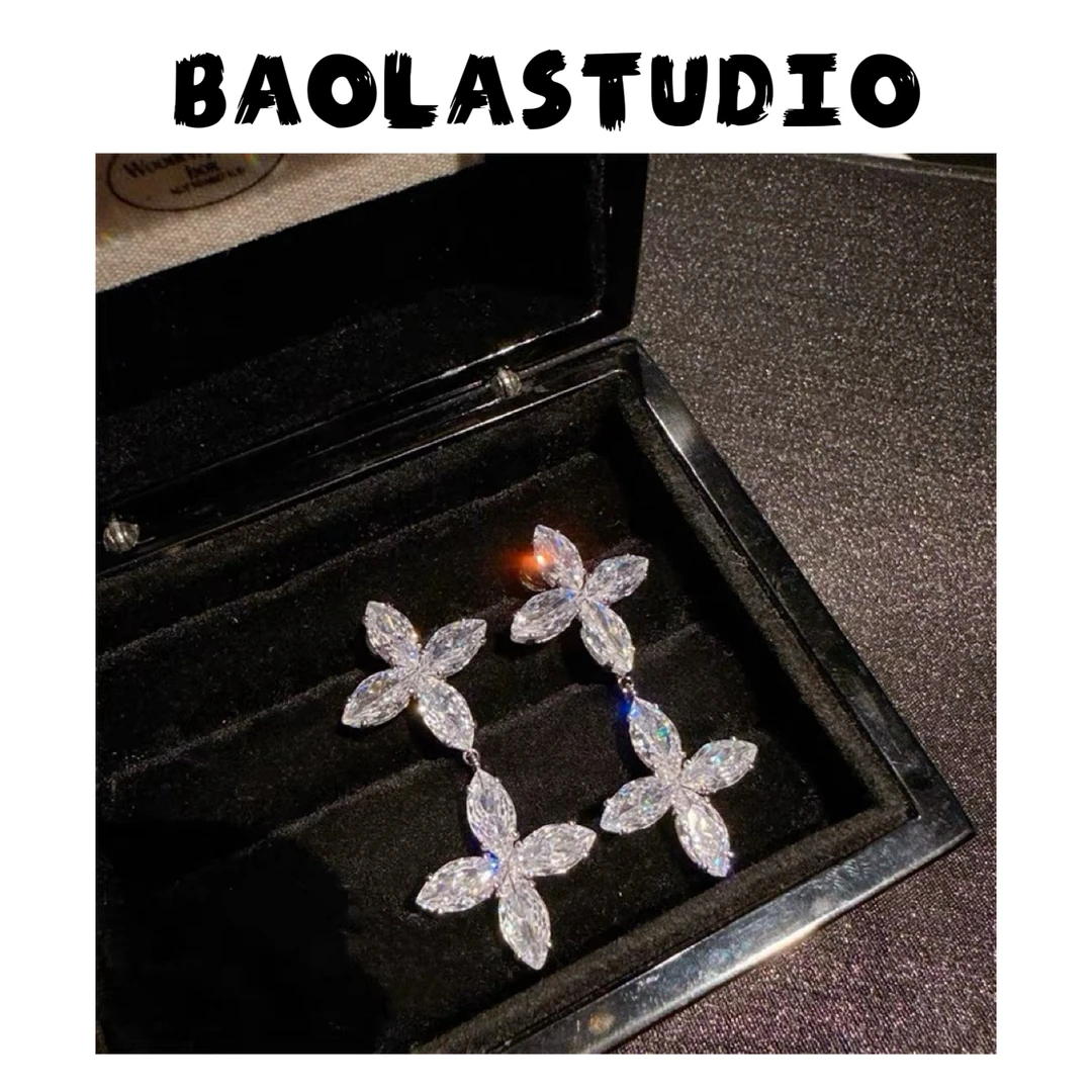 铜合金合成锆石耳饰 珠宝感！漂亮姐姐～爆闪四叶草耳环精致款流苏