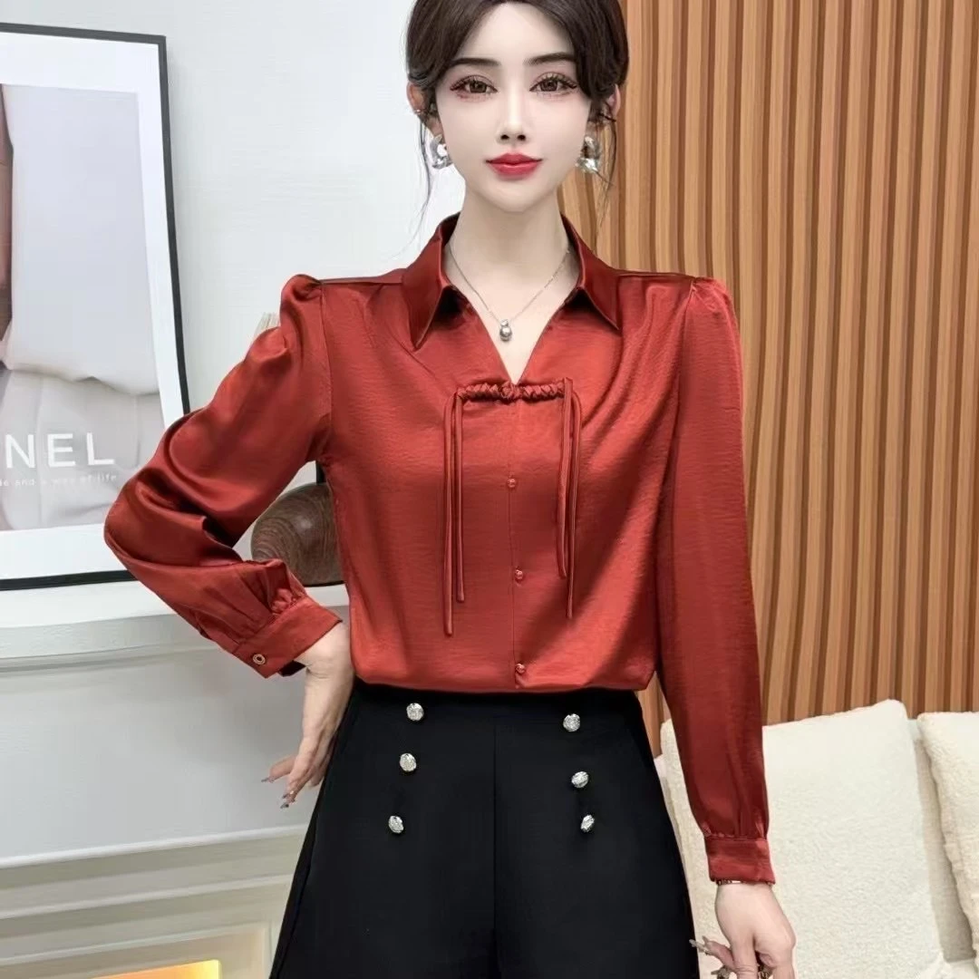 中式衬衫复古缎面长袖上衣2025新款国风春季盘扣气质提花衬衣