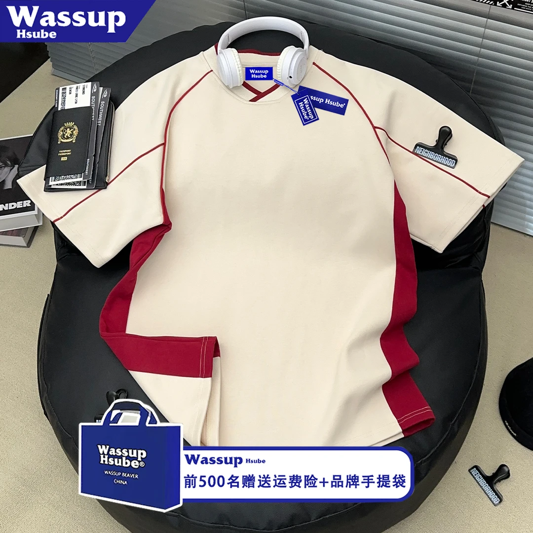 WASSUP HSUBE高级感撞色线条V领短袖T恤男女慵懒风休闲半袖上衣服