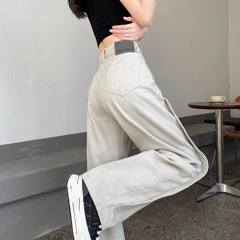 莫兰迪灰阔腿牛仔裤女夏季2025年新款爆款高腰拼接宽松直筒弯刀裤