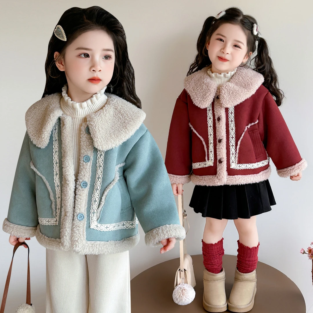 女童花边皮毛一体外套秋冬款2025新款儿童韩版时尚小女孩加厚上衣