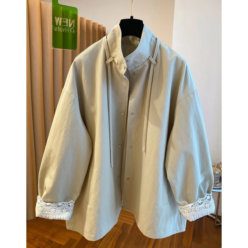 02316高级感蕾丝花边立领风衣外套女春秋款宽松休闲百搭夹克上衣