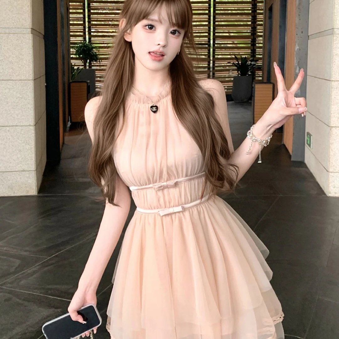 Sorbet微醺 法式甜美小众裸粉色挂脖蝴蝶结不规则下摆短款连衣裙