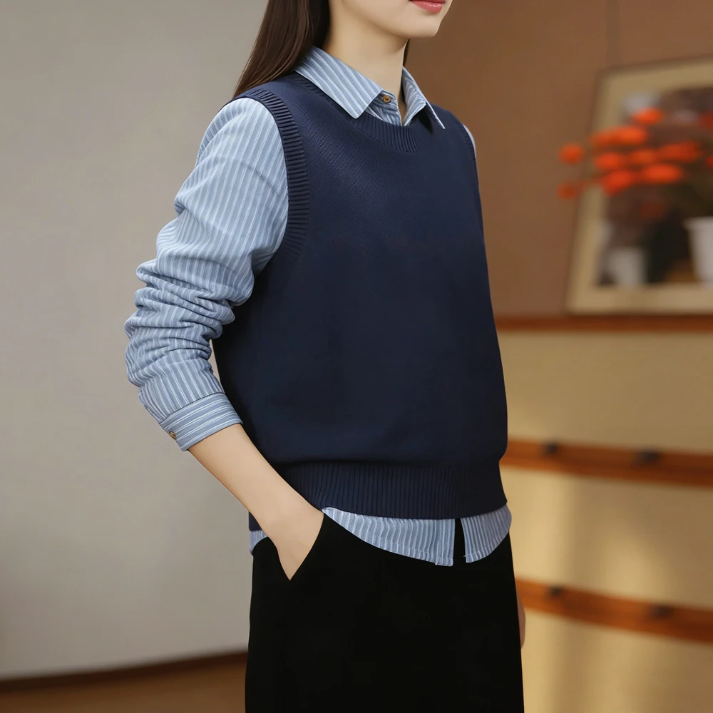 春秋复古条纹长袖衬衫+针织毛衣马甲背心套装女宽松百搭两件套潮