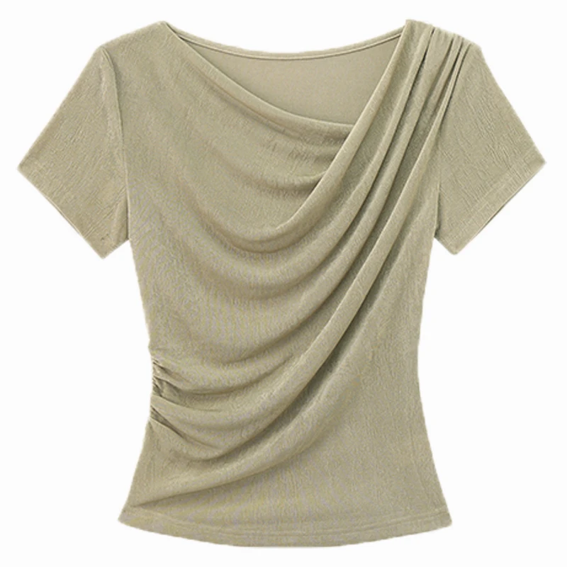时尚休闲百搭修身显瘦上衣斜领褶皱短袖T恤女2025夏季新款纯色