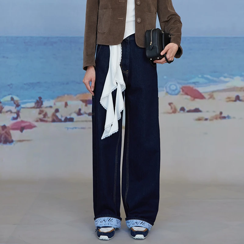 【M1DNOTE】新品25春夏翻边印花设计牛仔直筒长裤女