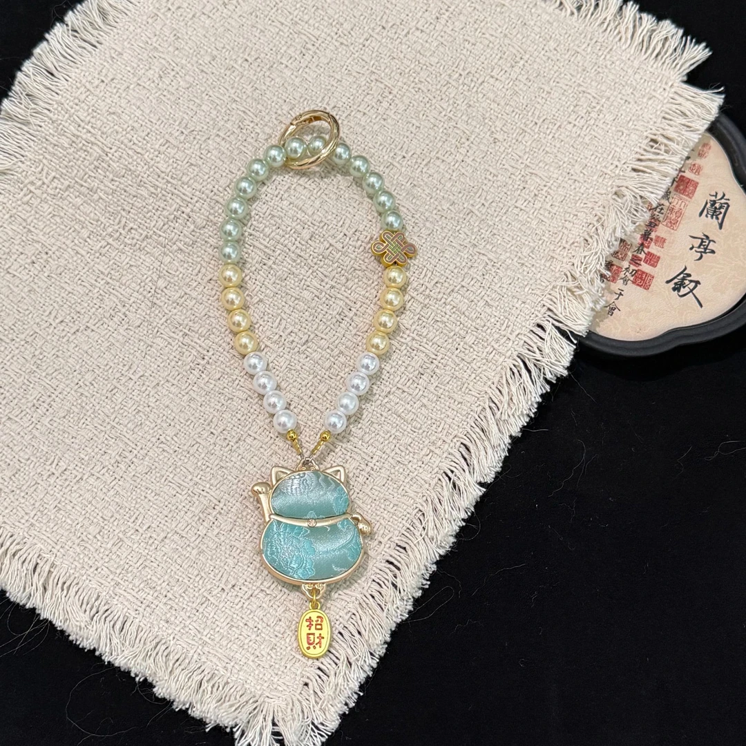 【BL055】招财猫 手机链宋锦奢华珍珠水晶珠子条古风通用防丢挂饰