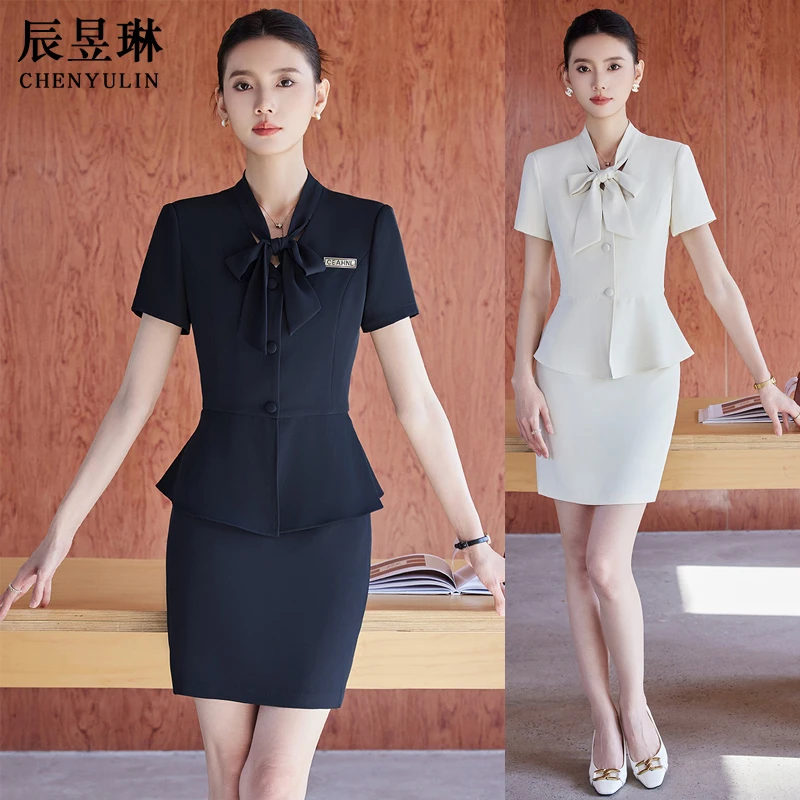 白色短袖西装套装女夏季酒店前台工装大堂经理珠宝店蝴蝶结工作服