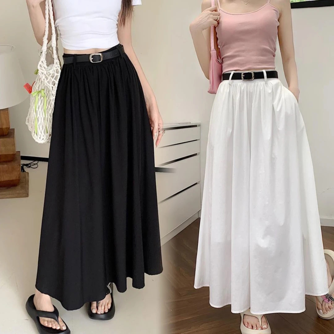2025春夏新款白色高腰A字大摆伞裙纯色简约垂感显瘦休闲半身长裙