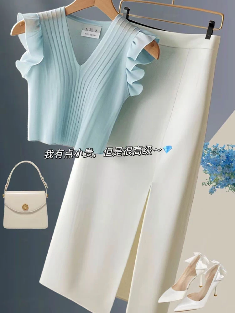 2025夏季新款时尚减龄高级感大方得体小香风蓝色上衣半身裙套装女