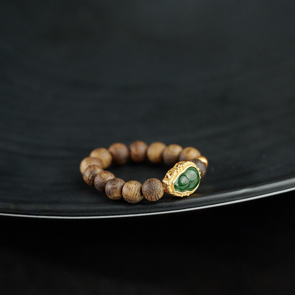 沉香【4mm】 沉香翡翠葫芦戒指925银（天然珠宝多样发）{霄葫}