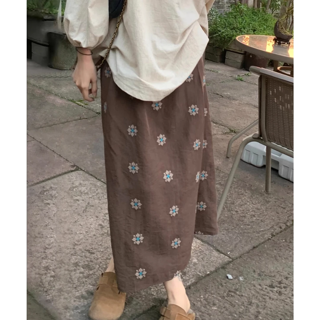 咖色中式花朵印花亚麻半身裙女秋季新款胖妹妹mm长裙高腰a字裙子