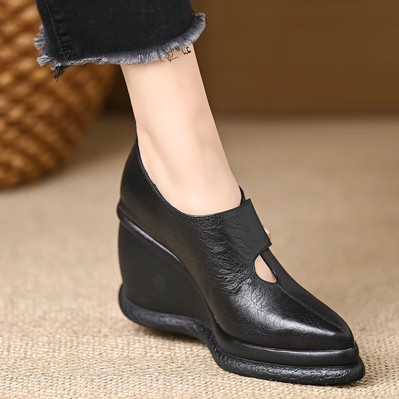 轩玥情女鞋9厘米牛皮厚底深口单鞋女百搭增高坡跟鞋魔术贴高跟鞋