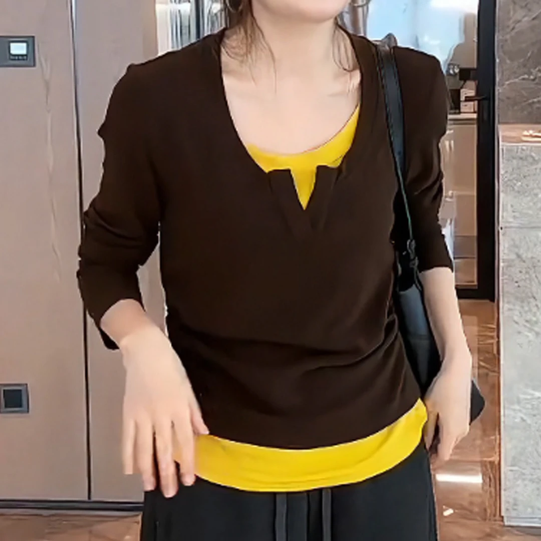 修身百搭打底洋气上衣秋冬新款胖MM大码女装假两件不规则长袖T恤