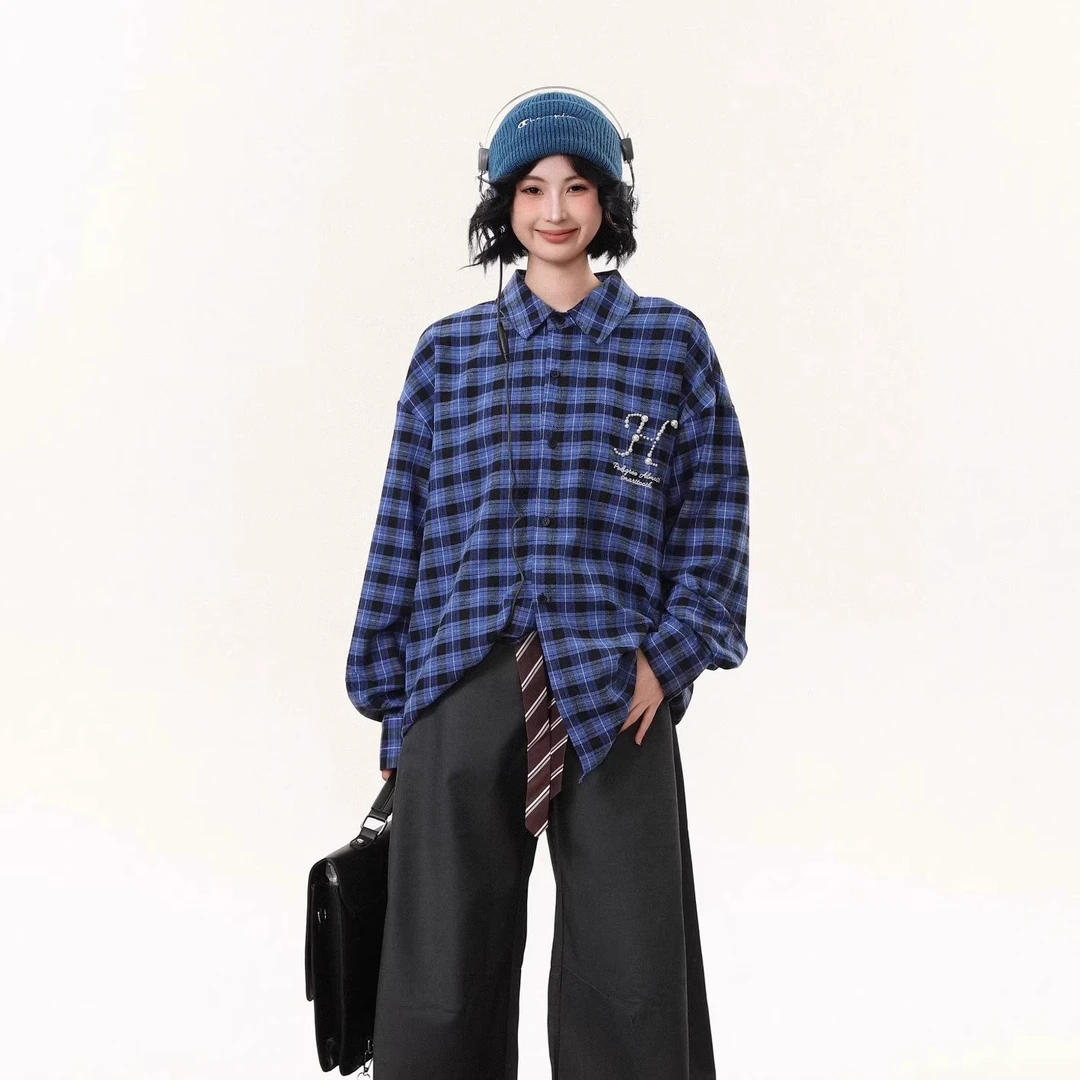 美式复古珍珠刺绣长袖格子衬衫男女夏季潮牌宽松防晒衬衣开衫外套