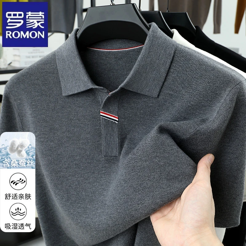 罗蒙时尚条纹门襟气质短袖Polo衫夏季含桑蚕丝亲肤男士休闲t恤衫