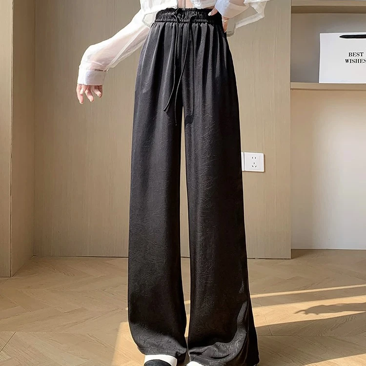 【一分莉】缎面冰丝裤女夏季抓花薄款时尚洋气显高显瘦高腰阔腿裤