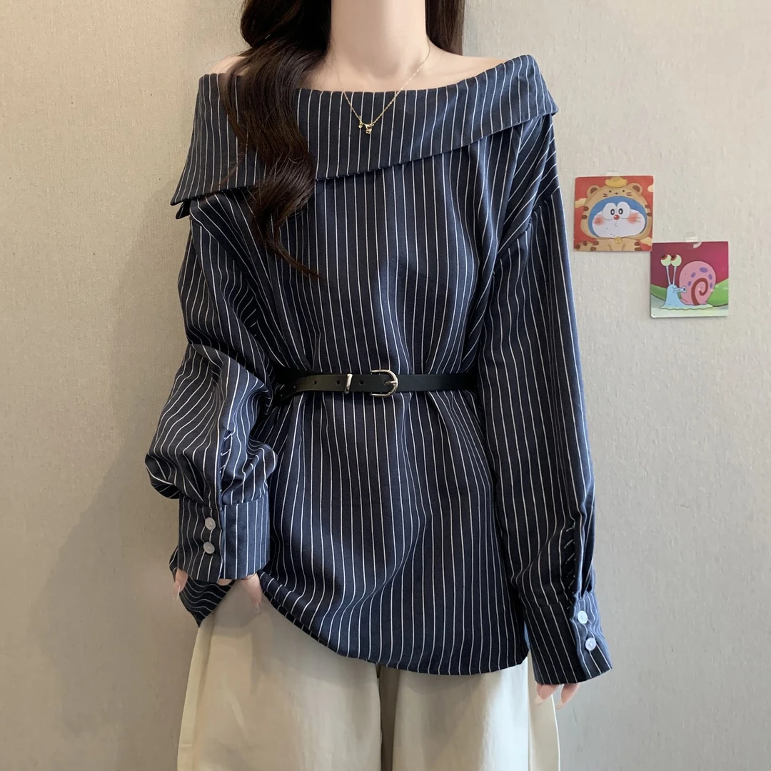 大码女装一字肩韩版条纹长袖衬衫秋季胖MM收腰遮肚子时尚气质衬衣