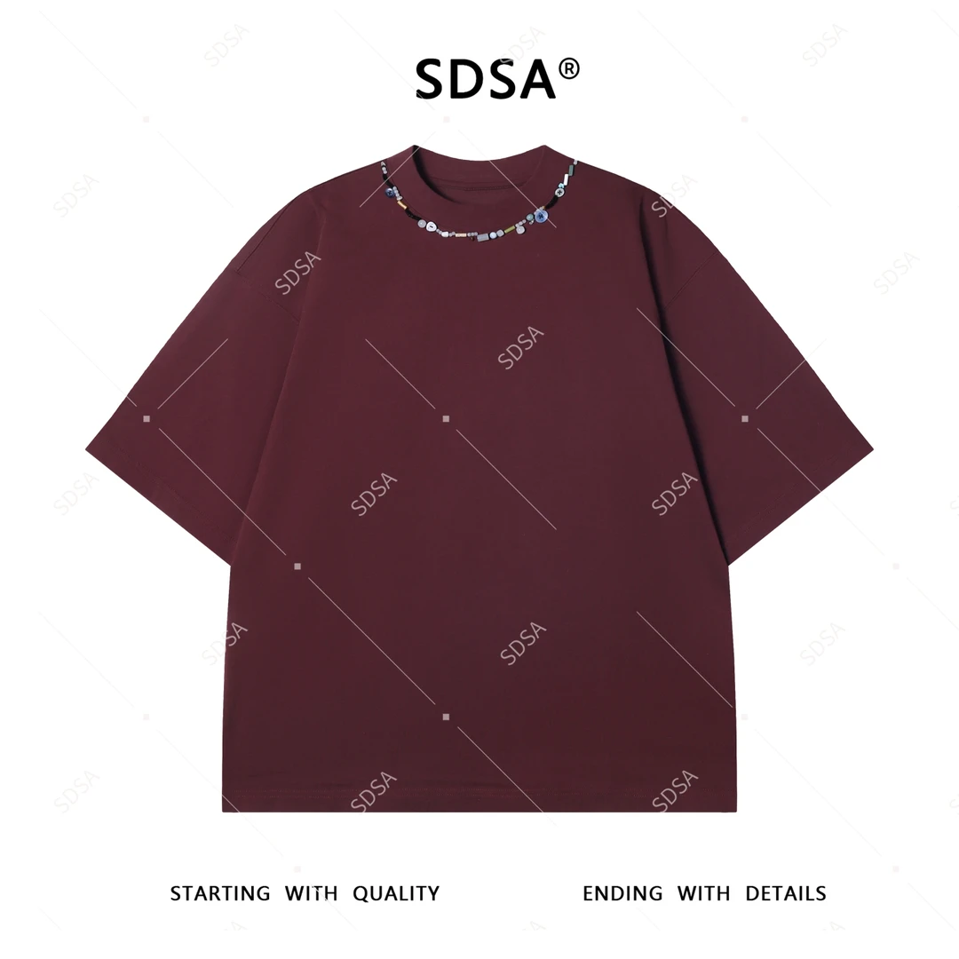 夏季高级感新款男士简约领口立体珠子纽扣装饰短袖T恤重磅时尚潮