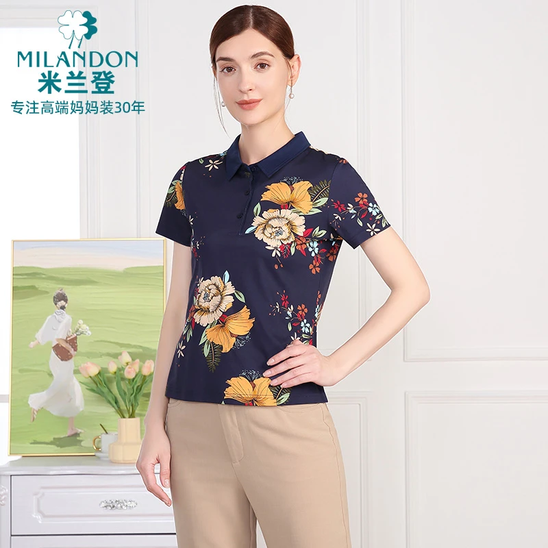 MILANDON/米兰登2025新款夏优雅气质丝光棉T恤女polo衫1Q2T1172M