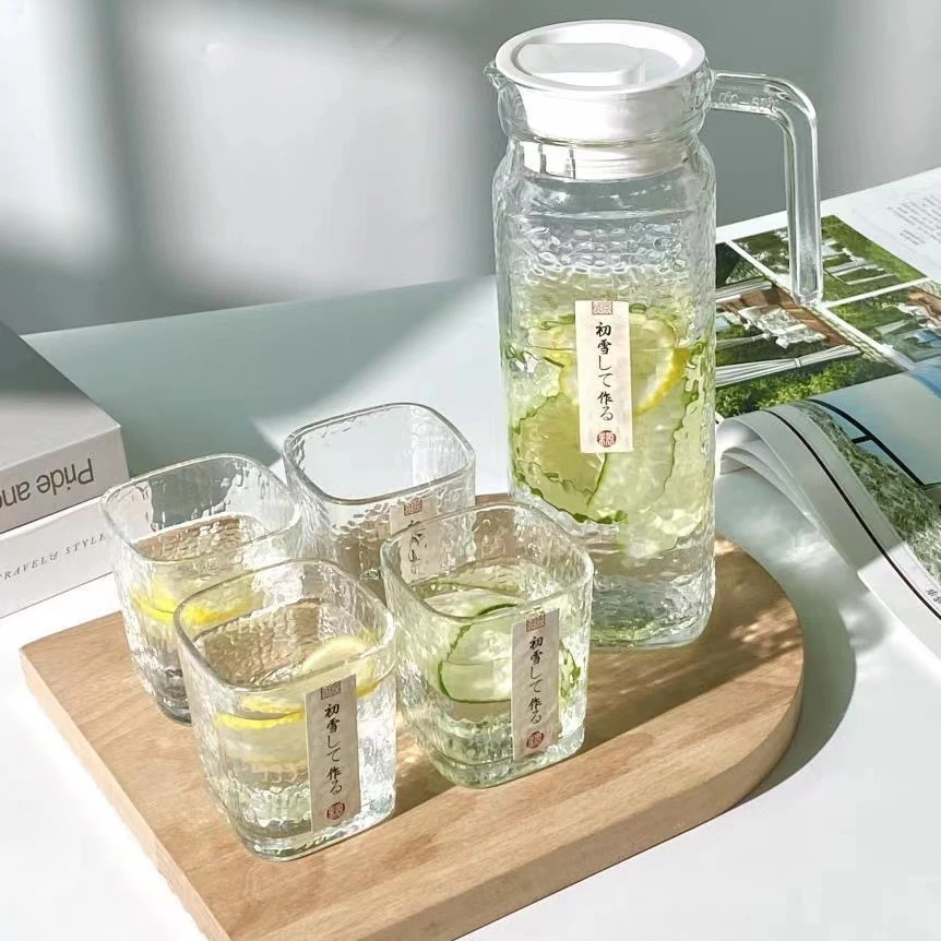 锤纹玻璃杯凉水壶家用套装初雪水杯冷水壶带贴纸ins风玻璃杯