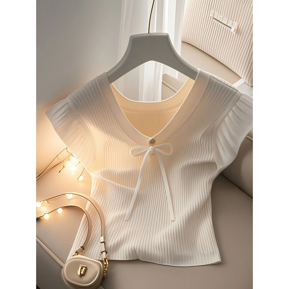 法式别致绝美设计感上衣女2025夏季薄款修身显瘦白色针织短袖T恤