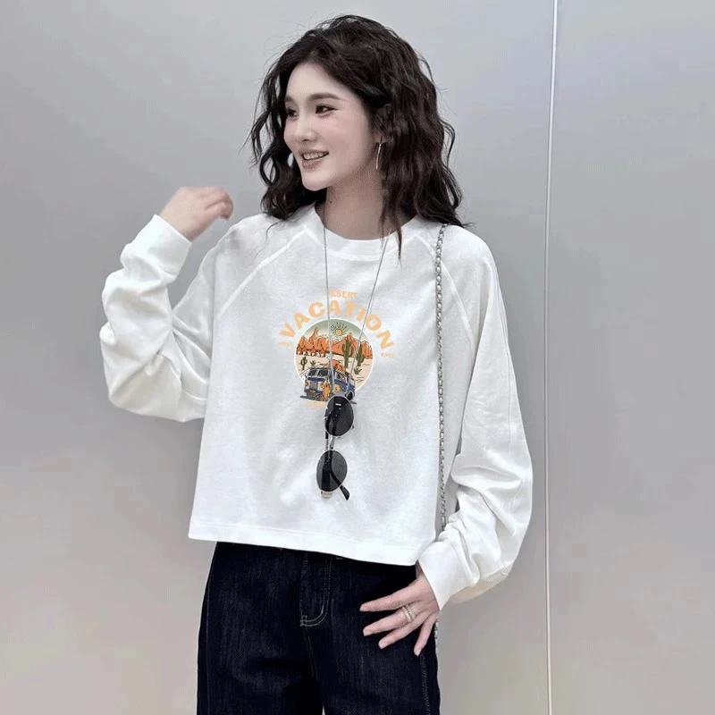 chic甜辣短款插肩长袖薄款卫衣女2024初秋宽松内搭打底衫T恤上衣