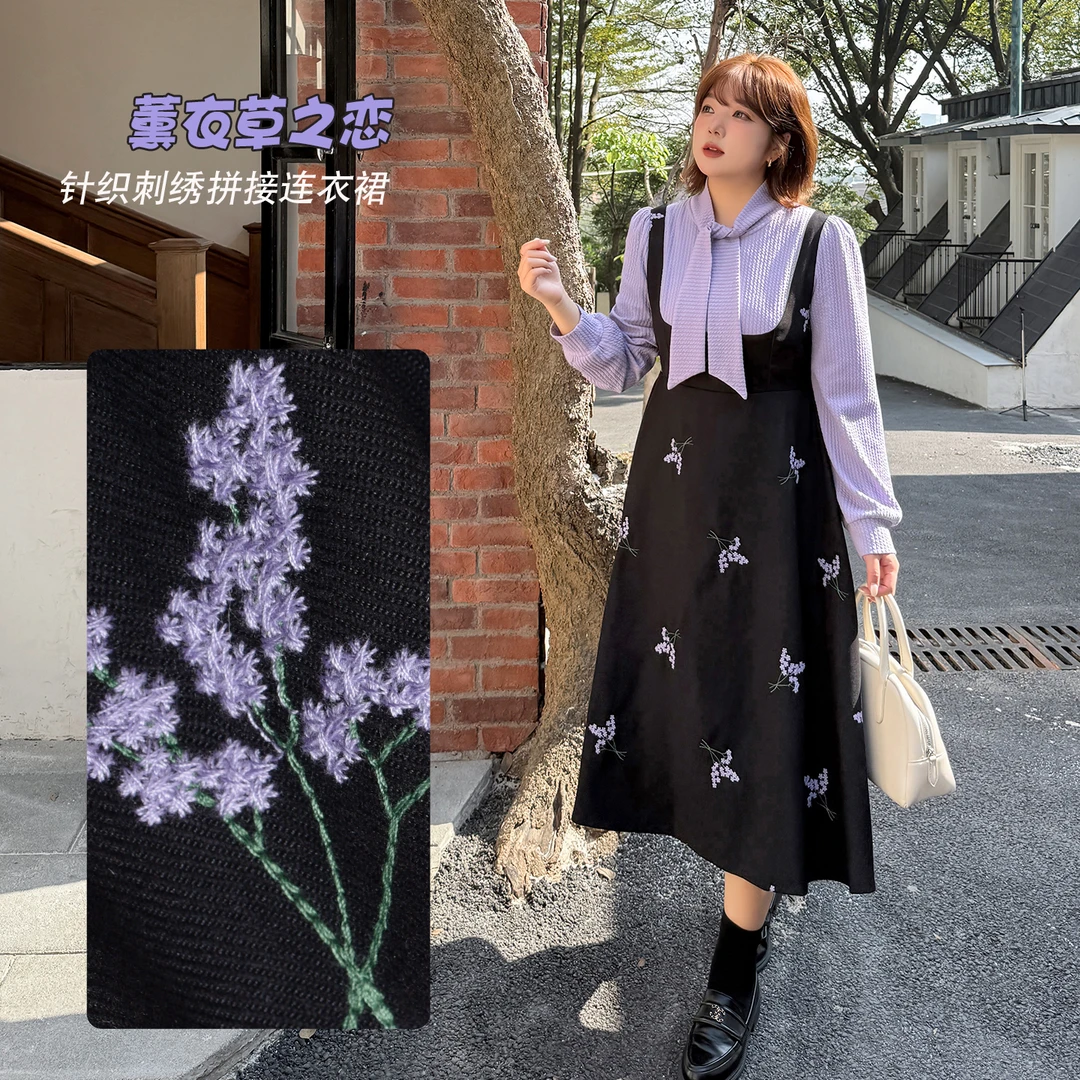 大码胖MM冬季加厚拼接假两件修身显瘦连衣裙