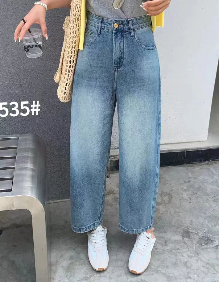 阿玉家&新款高腰牛仔裤女宽松口袋线纹九分阔腿裤奶奶裤#3535