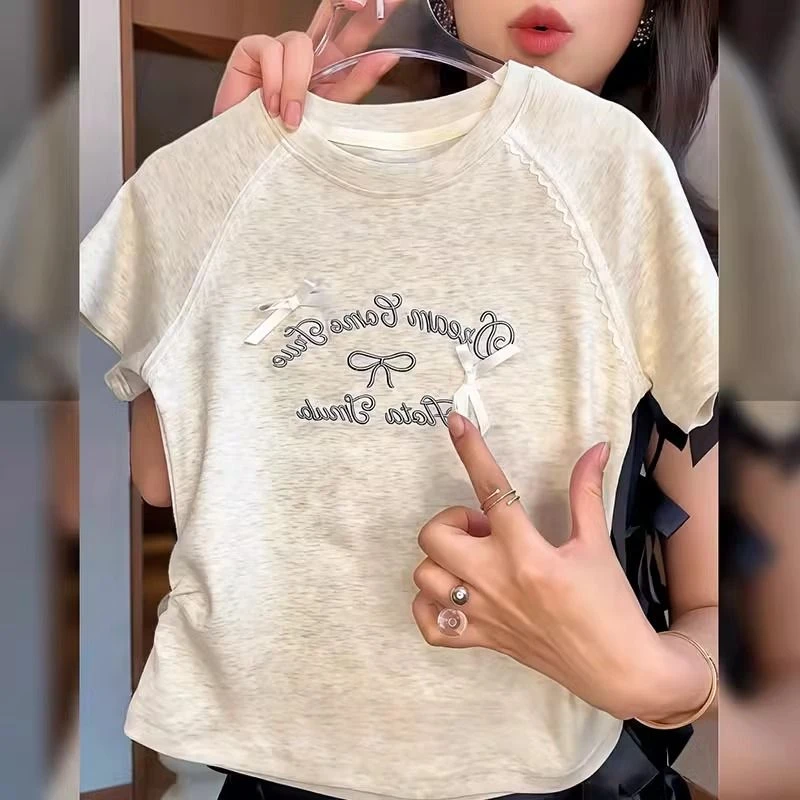 中大童女童短袖刺绣夏季2025新款儿童蝴蝶结T恤上衣短款洋气女孩