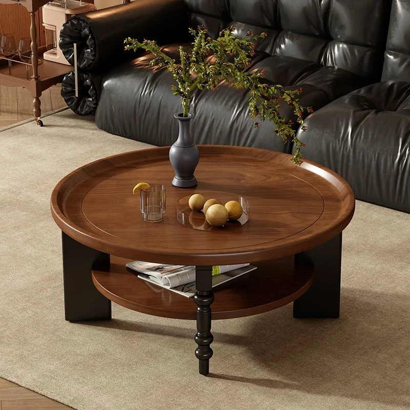 法式复古茶几圆形实木中式美式小户型茶桌古风家用小桌子客厅新款