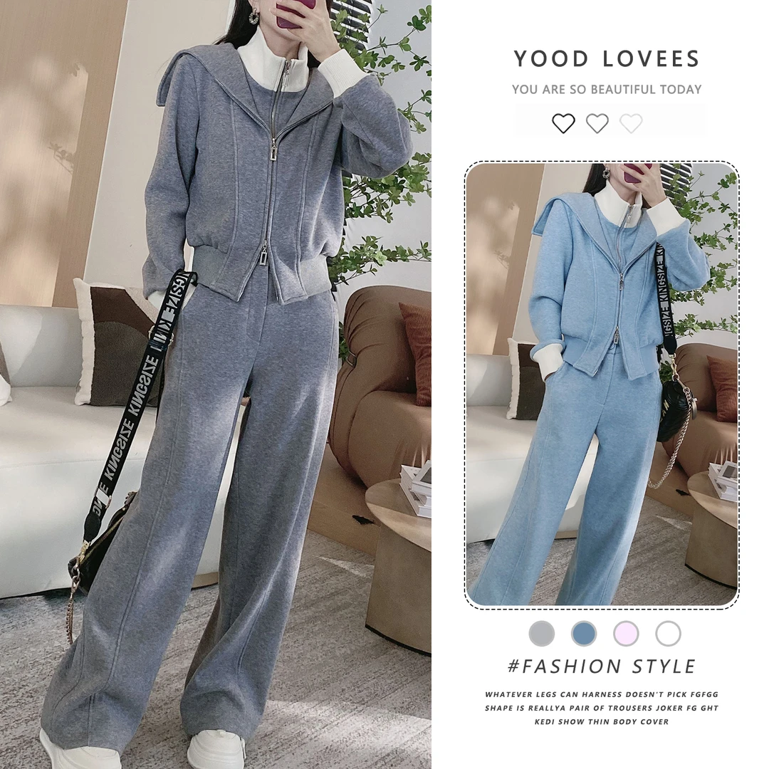 高级感时尚套装女秋冬欧货炸街休闲灰色复古卫衣两件套小香风减龄