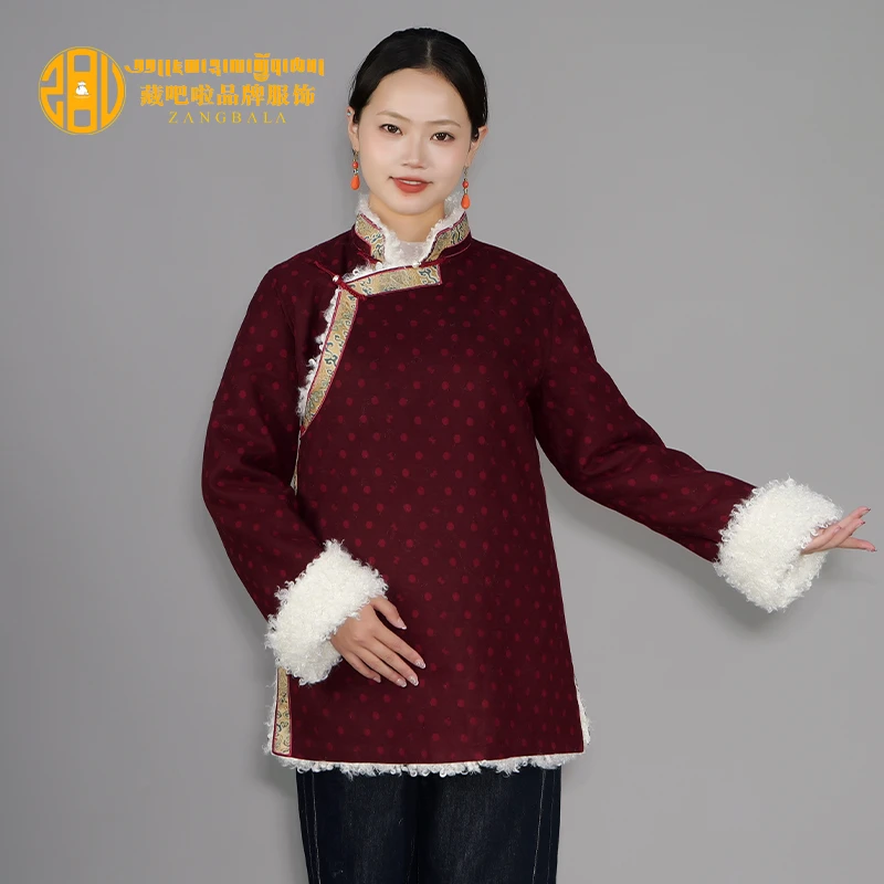藏吧啦女士拉毛中长款贴绣棉衣女款冬季新款加厚保暖民族服饰