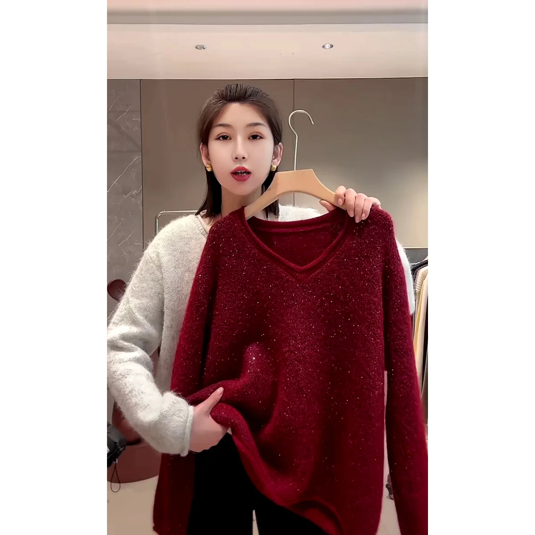 亮闪闪V领针织亮片毛衣慵懒风套头厚款软糯秋冬针织衫