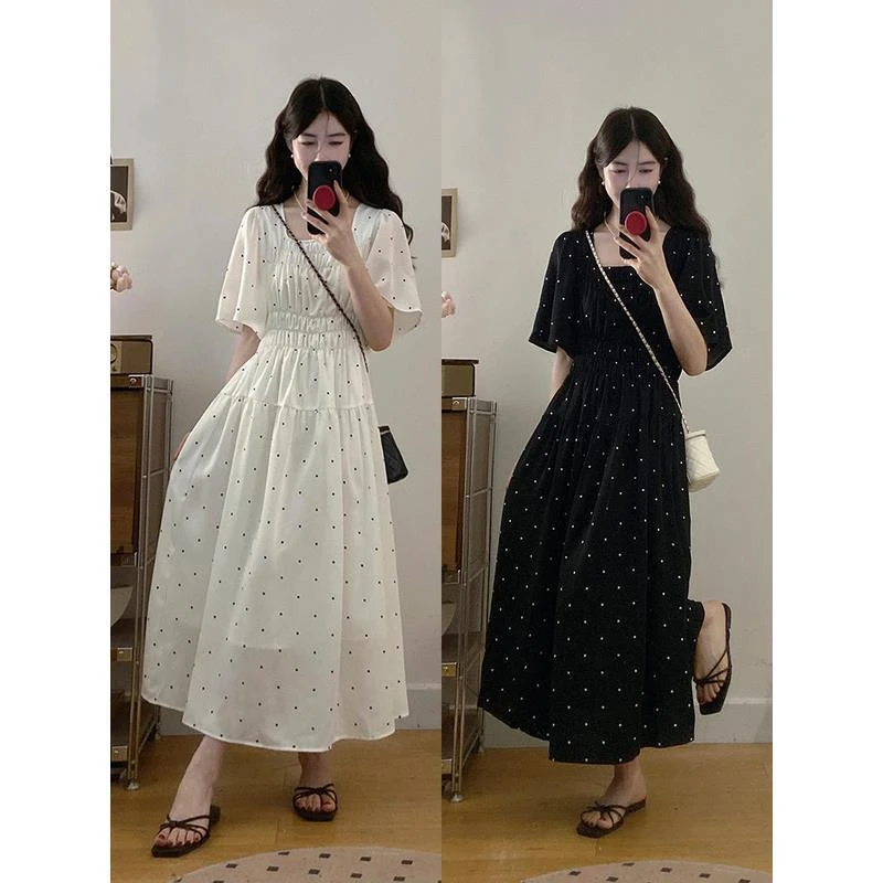 2025夏新款胖mm大码女韩系温柔风百搭显瘦甜美波点U领收腰连衣裙