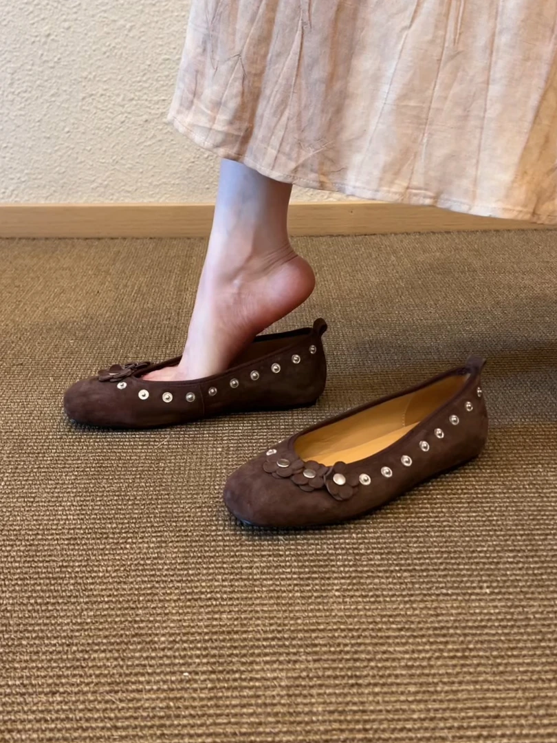 Pokoy-1cm浅口平底一脚蹬修面皮圆头单鞋平底鞋百搭玛丽珍软底