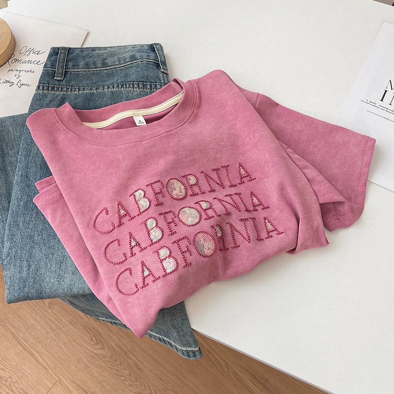 欧货重工字母亮片短袖T恤女夏季新款超好看洋气时尚休闲圆领上衣