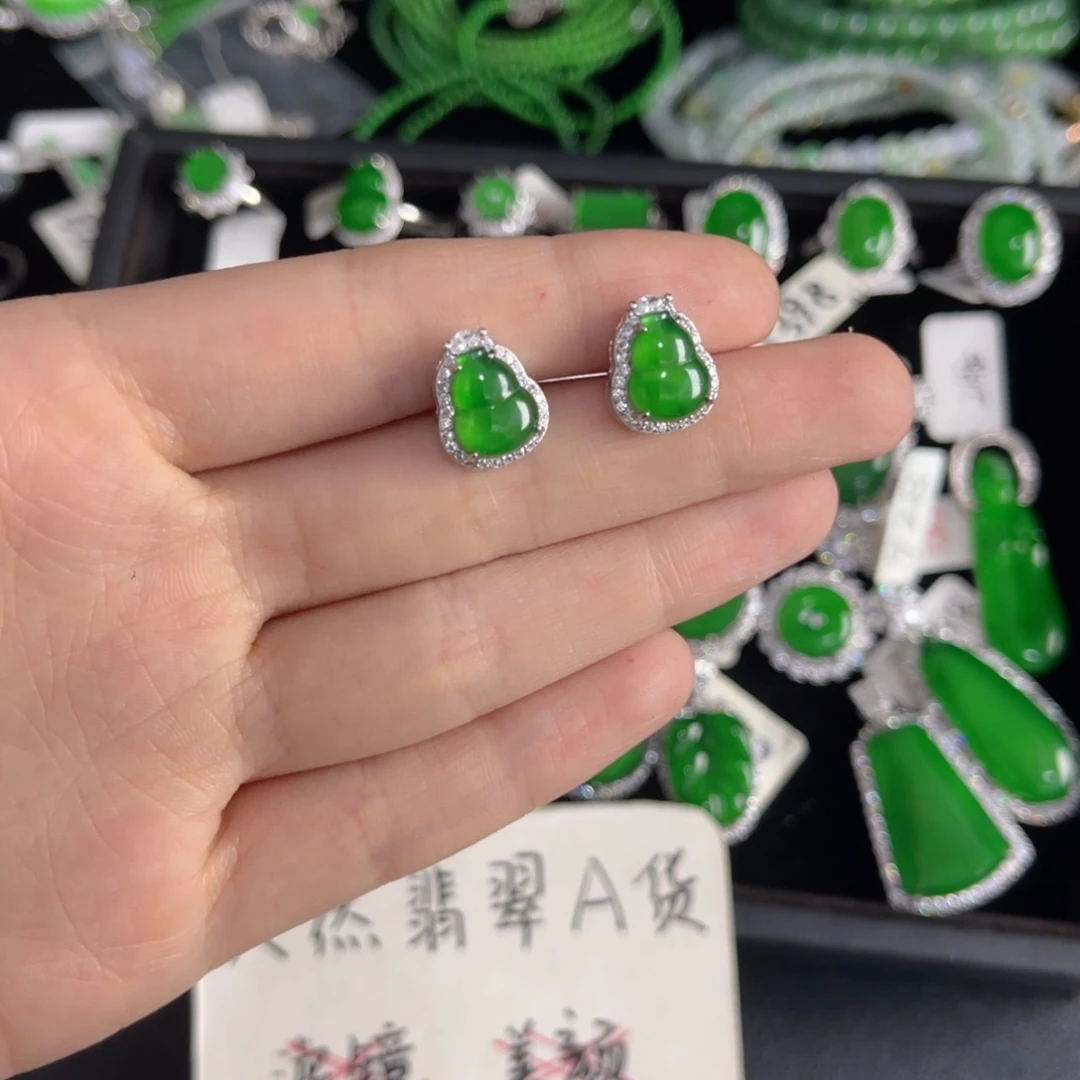 翡翠银S925镶嵌戒指葫芦耳钉