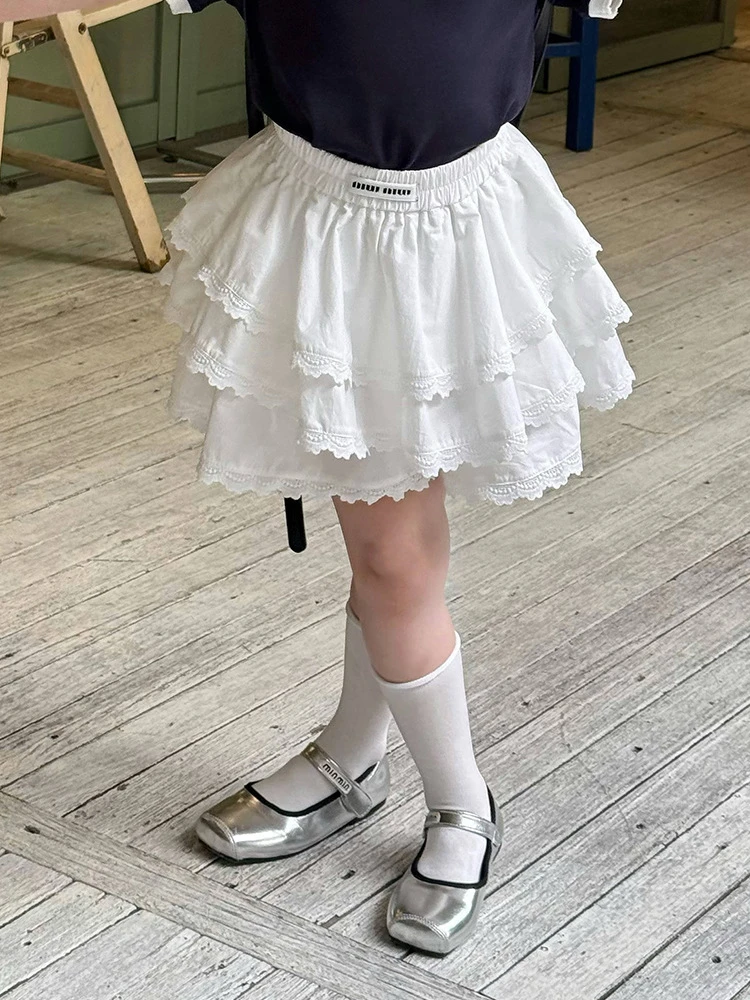 现货【纯棉】女童甜美层次感蕾丝边蛋糕裙女孩薄款半身裙子25C182