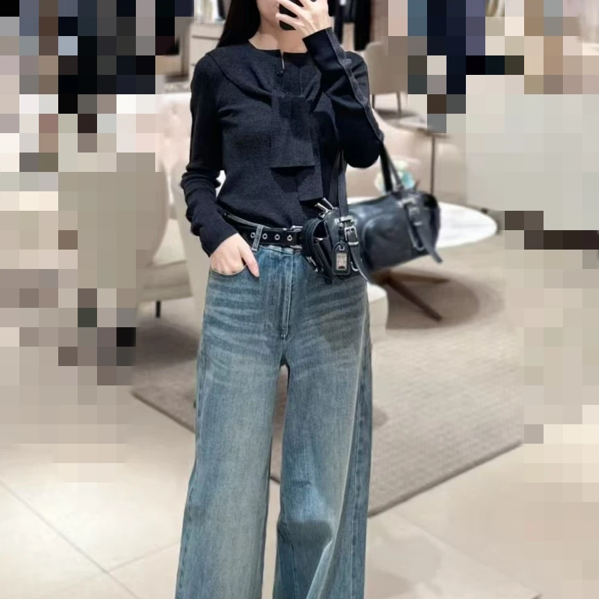 SZSALI 定制秋季新款轻奢双色高级感针织衫毛衫阔腿牛仔裤套装