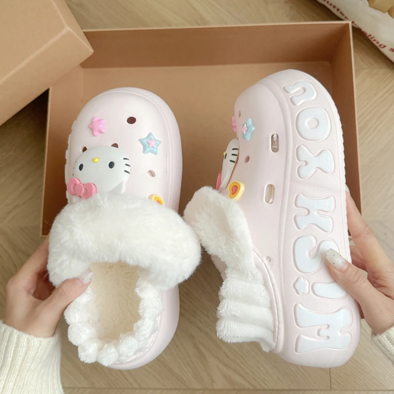 加绒洞洞鞋女冬季可爱kt猫EVA踩屎感厚底包头棉拖鞋外穿防滑厚底
