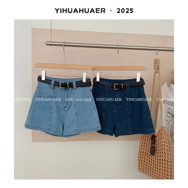 东大门韩系夏款A字型高腰百搭双口袋显瘦时尚纯色牛仔短裤3190