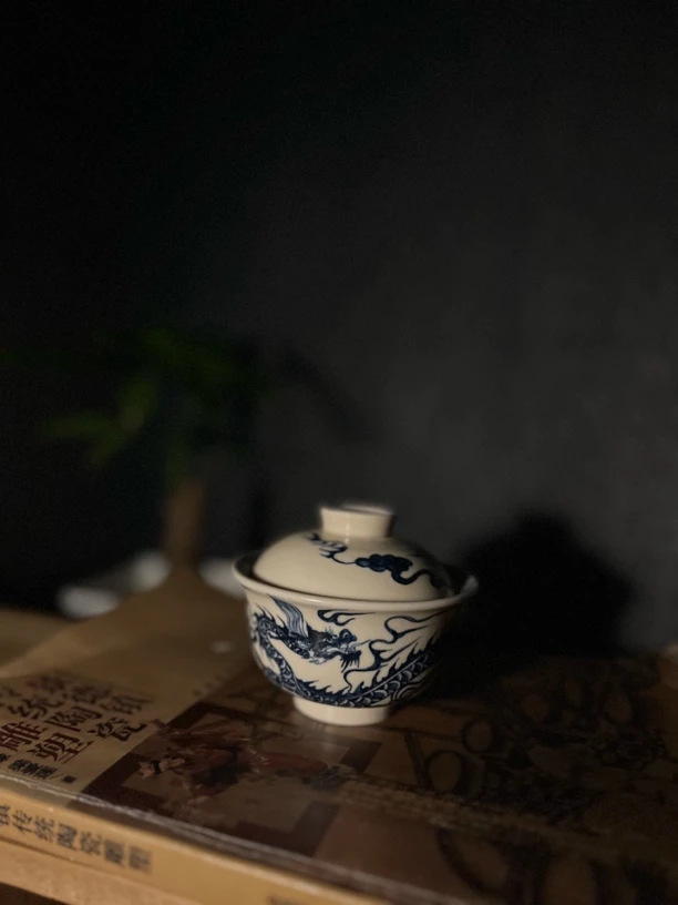 幽蓝溪堂元青花2号釉全手绘新料龙纹两才盖碗高档小盖碗陶瓷茶具