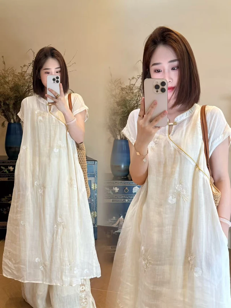 柚茗精选--斜襟长裙夏季中长款刺绣连衣裙宽松腰A字裙套装