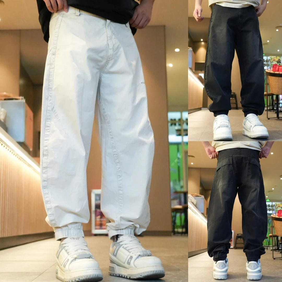 春款复古洗水做旧弯刀束脚休闲裤3916