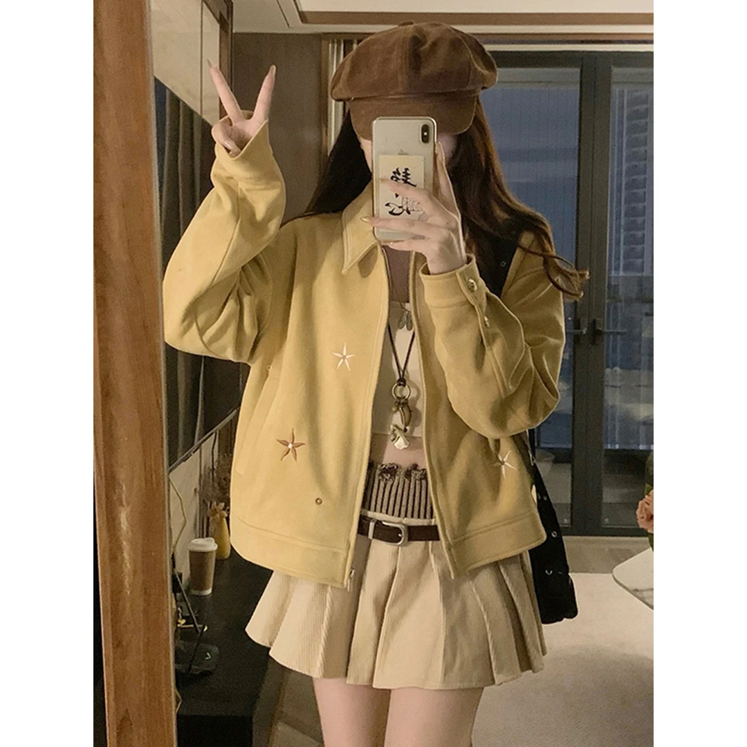 美式复古刺绣花朵麂皮外套女2025新款秋季宽松休闲短款翻领夹克